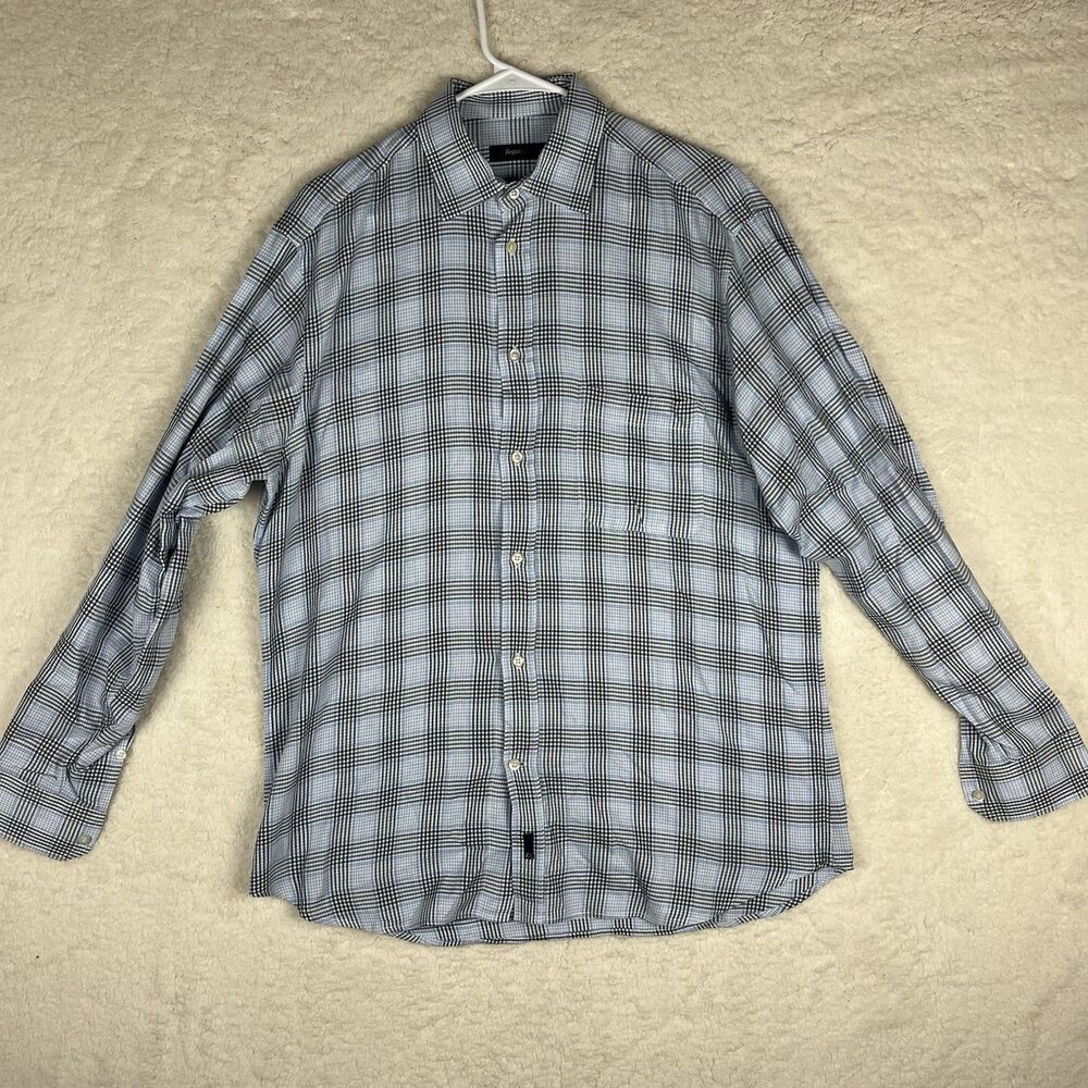 Zegna Sport Shirt Men's Large Blue Plaid Button Up Long Sleeve Pocket